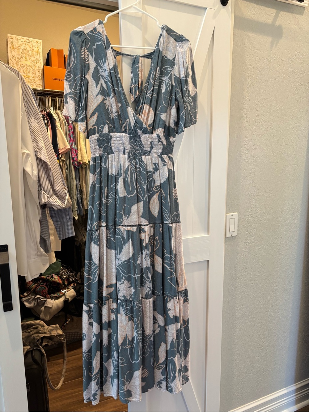 Floral Tiered V-Neck Maxi Dress - Blue